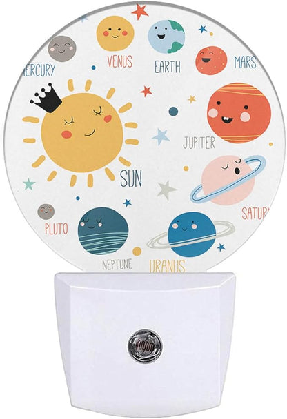 Solar System Night Light Planets Stars Satellites in Universe Cartoon Night Lights Plug into Wall Dusk to Dawn Sensor LED Lighting for Boys Girls Room Decor, 0.5W Sleep Friendly