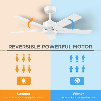 Ceiling Fan 42'' with Light: Matte White Fans with Remote Control - Quiet Reversible DC Motor - Light Memory Function & 3CCT Dimmable for Dining Room Bedroom