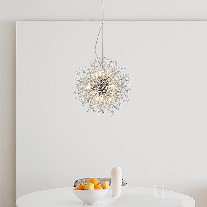 Sputnik Dining Room Chandelier, Modern Dandelion Hanging Lamp, Crystal Beaded Lighting, Round 9-Light Pendant Light Fixtures for Kitchen Island Bedroom Living Room Entryway (Chrome, D19.6inch)