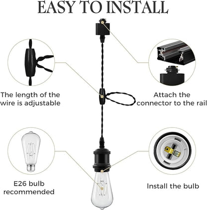 Universal H-Type Track Pendant Lighting Kit with 6 Bulbs, 6-Pack Black Hanging Track Lighting Fixtures, 4000K Natural Light, E26 Base for Kitchen Island, Dining Room & Living Area