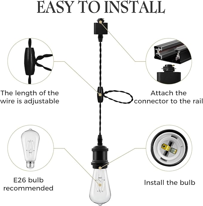 Universal H-Type Track Pendant Lighting Kit with 3 Bulbs, 3-Pack Black Hanging Track Lighting Fixtures, 4000K Natural Light, E26 Base for Kitchen Island, Dining Room & Living Area