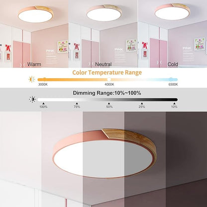 LED Ceiling Light Fixture,16 Inch Modern Wood Recessed Ceiling Lights, Dimmable Light,Pink 24W Close to Ceiling Lighting Flush Mount Living Room Bedroom,3000K-6000K