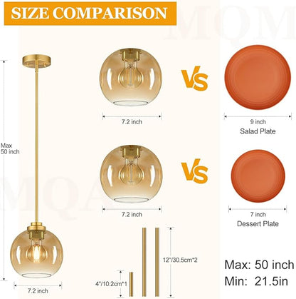 MQMQA 2 Pack 7.2-Inch Globe Pendant Lights, Mid Century Gold Pendant Light Fixtures, Amber Glass Pendant Lights Kitchen Island Adjustable Hanging Fixture for Dining Room Bulbs not Included