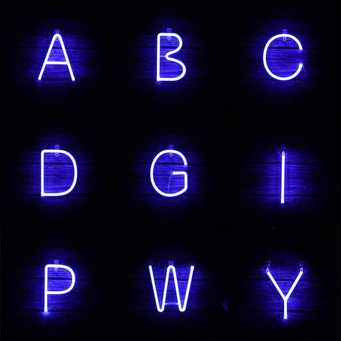 LED Blue Neon Letter Signs Words Alphabet Letter Sign Battery/USB Operated LED Marquee Word Lamps Party Accessories Wall Hanging Decor for Birthday Wedding Party Bar Bedroom (O)