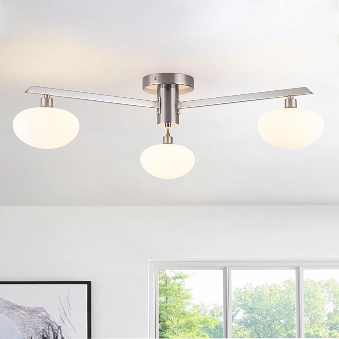 3-Light Mid Century Modern Ceiling Light 22.5" Brushed Nickel Semi Flush Mount Ceiling Light with Milk Glass Shade for Bedroom, Entryway, Hallway, Kitchen lsland, Dining Room & Living Room
