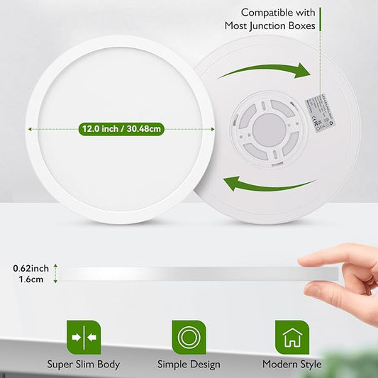 12Inch LED Flush Mount Ceiling Light Fixture, 28W 3200Lm Dimmable Modern Recessed Ceiling Lamp, 5000K Daylight White Round Low Profile Ceiling Light for Kitchen Closet Bedroom Hallway Laundry, 1-Pack