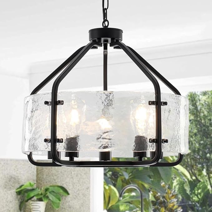Luupyia 20 Inches Black Glass Drum Chandelier, 5Lights Modern Glass Chandelier, Height Adjustable Drum Chandeliers Crystal Pendant Light Over Dining Room Table Kitchen Entryway Chandeliers for Foyer