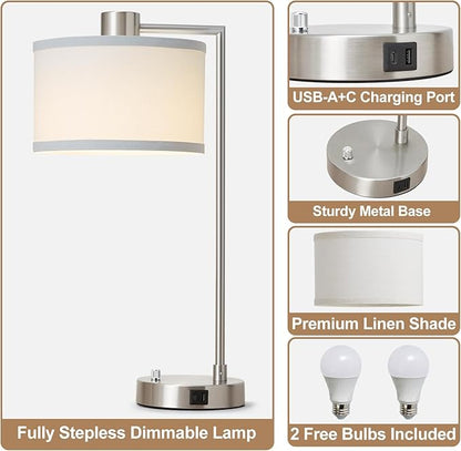 Luvkczc Table Lamps for Living Room with USB C+A Ports - Fully Stepless Dimmable Bedsides Lamp with Linen Lampshade, Lamps for Night Stands Bedroom Reading Office, 2 LED Bulbs Included (Silver)