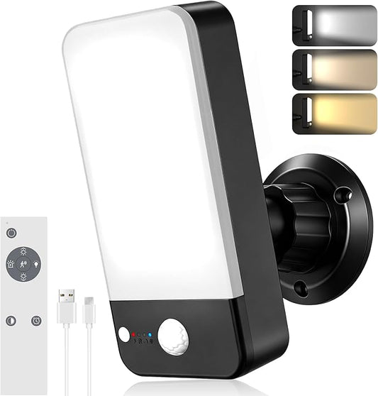Motion Sensor Outdoor Light, 10000mAh Rechargeable Battery Operated Outdoor Light with 3 Modes, 3000-6000K Dimmable IP65 Waterproof Security Lights for House, Fences, Porches, Garden (1, Black)