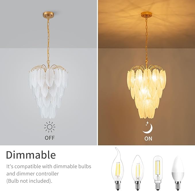 LumFurn 10-Light Gold Chandeliers, Modern Pendant Light Fixture for Dining Room, Staircase, D16 x H27~72" Adjustable Height, Frosted Feather Glass Shade & Gold Finish