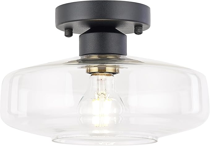 Semi Flush Mount Ceiling Light, 10.24" Modern Farmhouse Clear Glass Light Fixture with Matte Black Finish, E26 Base for Entryway Hallway Kitchen Bathroom (Bulb Not Included)
