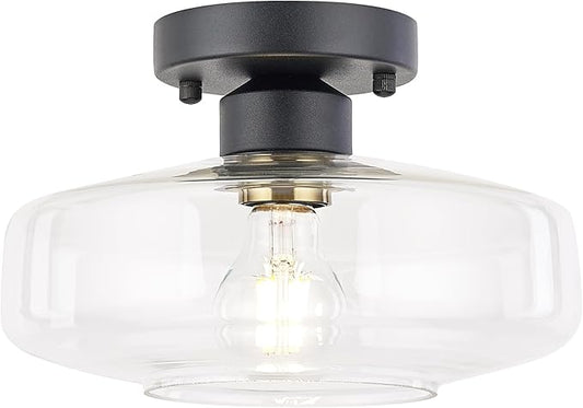Semi Flush Mount Ceiling Light, 10.24" Modern Farmhouse Clear Glass Light Fixture with Matte Black Finish, E26 Base for Entryway Hallway Kitchen Bathroom (Bulb Not Included)