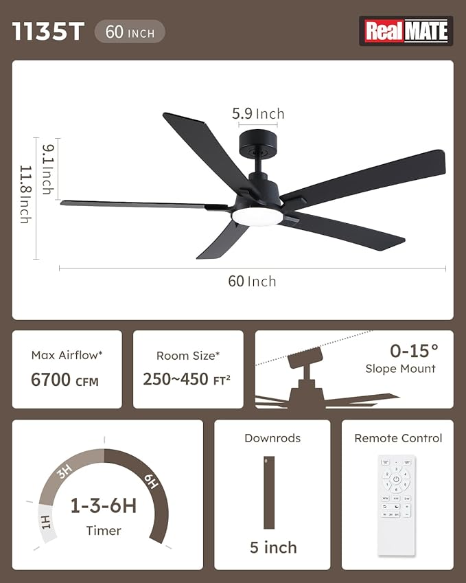 60 Inch Ceiling Fans with Lights and Remote, Black Ceiling Fan, Downrod Style with 5 Blades, Modern Design For Indoor Bedroom Living Room/Outdoor, 6 Speed Reversible DC Motor, 3CCT Dimmable LED