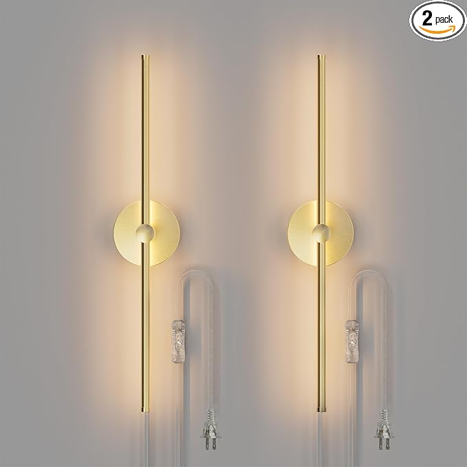 ZAGO Plug in or Hardwired Linear Wall Sconce: 24 Inch LED Indoor Modern Linear Wall Lights Set of Two with On/Off Switch, 5CCT Switchable, Brushed Gold, Dimmable for Living Room, Bedroom, Hallway