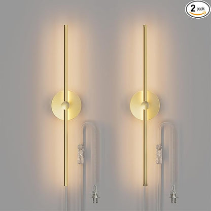 ZAGO Plug in or Hardwired Linear Wall Sconce: 24 Inch LED Indoor Modern Linear Wall Lights Set of Two with On/Off Switch, 5CCT Switchable, Brushed Gold, Dimmable for Living Room, Bedroom, Hallway