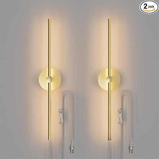 ZAGO Plug in or Hardwired Linear Wall Sconce: 24 Inch LED Indoor Modern Linear Wall Lights Set of Two with On/Off Switch, 5CCT Switchable, Brushed Gold, Dimmable for Living Room, Bedroom, Hallway
