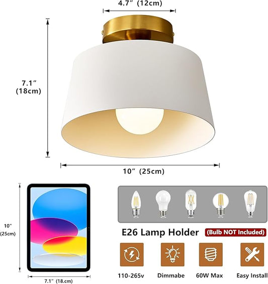 Modern Semi Flush Mount Ceiling Light 3 Pack,Metal Ceiling Light Fixture,E26 Ceramic Lamp Head,White and Gold Ceiling Lamp for Hallway Kitchen Entryway Bedroom Laundry Room (10Inch)