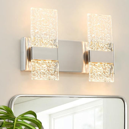 Modern Brushed Nickel 2 Lights Bathroom Vanity Light, LED Bathroom Light Fixtures Over Mirror, Dimmable Acrylic Wall Lighting Fixtures, Hardwired Wall Light(H9.25in, L13.78in)