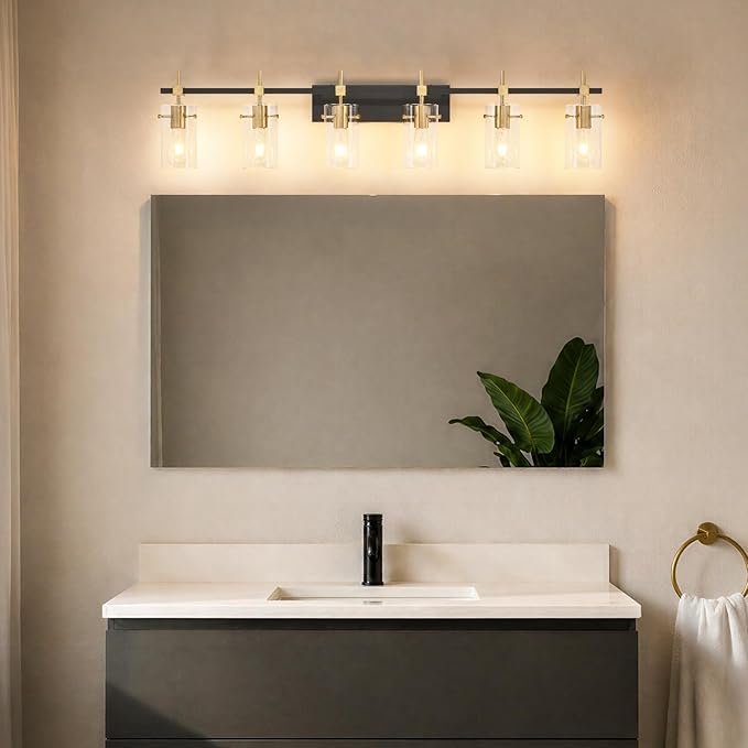SOLFART 49.2 inch Vanity Light fixtures Vintage 6 Lights Wall Light Fixtures Above Mirror for Bathroom Brass and Black with Clear Glass Shade (Exclude Bulb)
