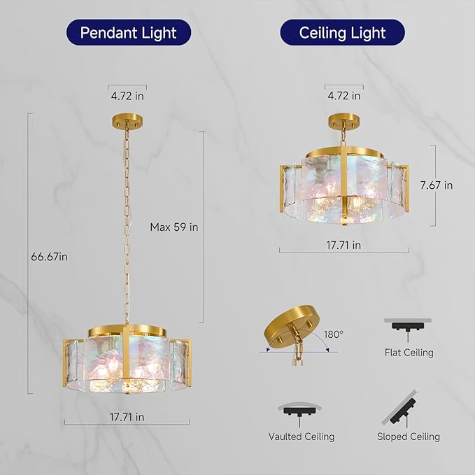 Modern Round Chandeliers for Dining Room: 4-Light Brushed Gold Drum Lights Entryway Light Fixture Hanging - kitchen Chandelier Over Table - Stained Glass Lamp for Bedroom Living Room Foyer Bathroom
