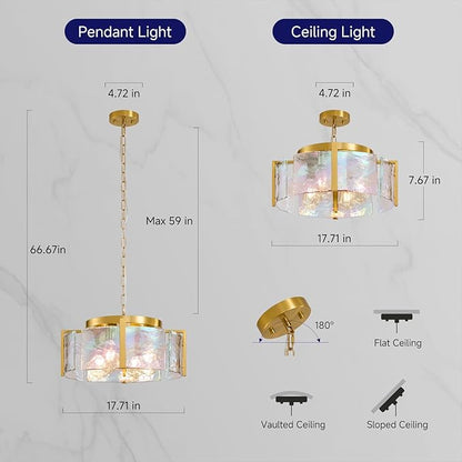 Modern Round Chandeliers for Dining Room: 4-Light Brushed Gold Drum Lights Entryway Light Fixture Hanging - kitchen Chandelier Over Table - Stained Glass Lamp for Bedroom Living Room Foyer Bathroom