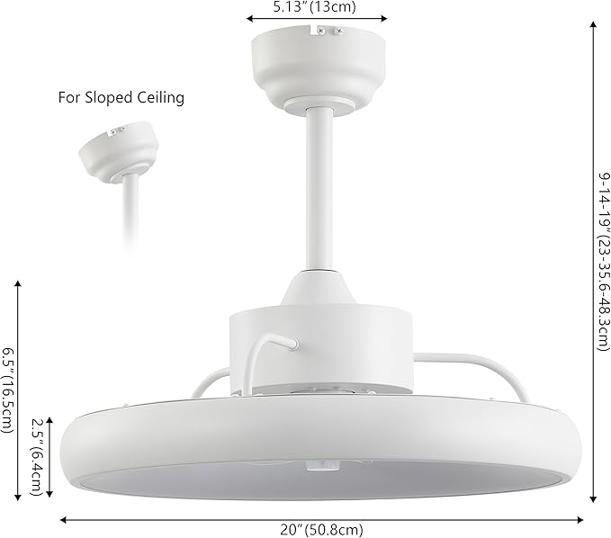 Oval AIR Loren 20" Small Smart Ceiling Fan with Light, Semi Flush Mount, Quiet 6-Speed Reversible Motor, Dimmable LED, Adjustable CCT, App & Remote Control, Minimalist, White AIR8002D