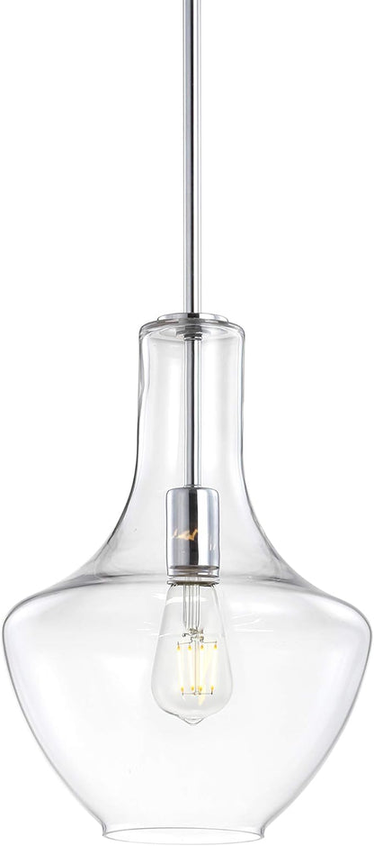 JONATHAN Y 10.5" Chrome Mid-Century Modern 1-Light LED Pendant Light Fixture, Adjustable Schoolhouse Hanging Lamp for Kitchen Island, Clear Glass Shade, LED Bulb Included JYL6400A