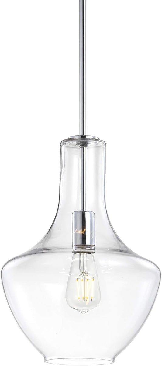 JONATHAN Y 10.5" Chrome Mid-Century Modern 1-Light LED Pendant Light Fixture, Adjustable Schoolhouse Hanging Lamp for Kitchen Island, Clear Glass Shade, LED Bulb Included JYL6400A
