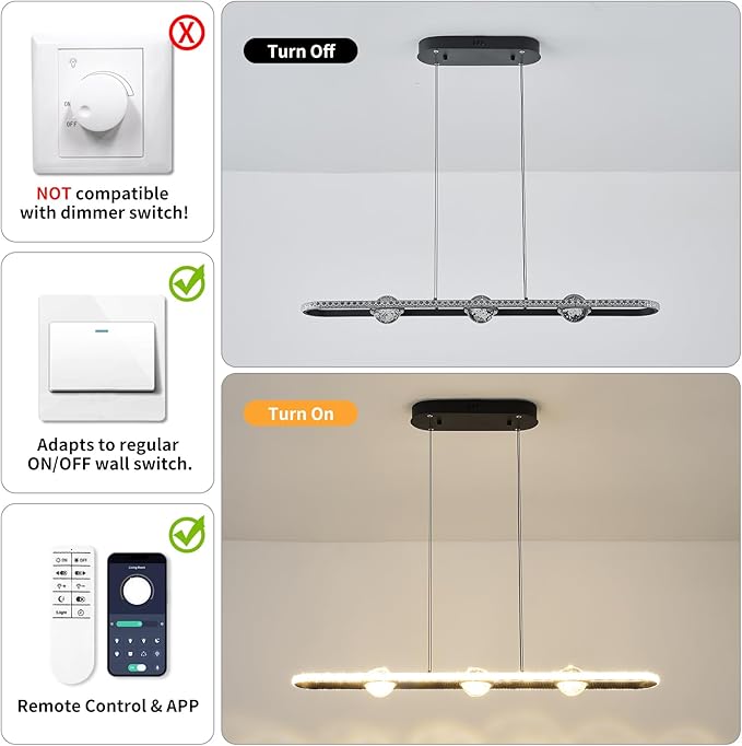 ORANOOR Modern LED Pendant Lights, Dimmable 39in Crystal Globe LED Rectangle Chandelier Lighting, Linear Black Dining Room Hanging Light Fixtures Kitchen Island Pendant Light Over Dining Table, 40W