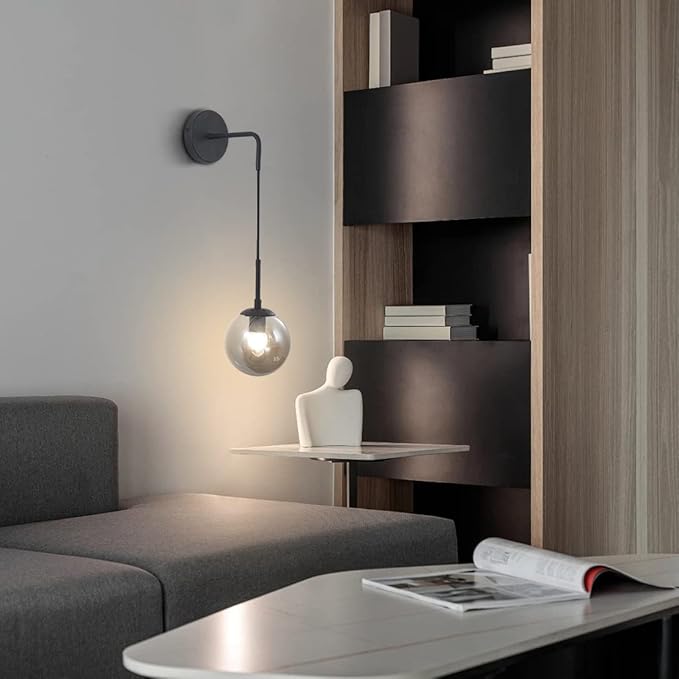 BOKT Modern Smoke Gray Glass Ball Wall Sconce Lighting Mid Century Matte Black Wall Mount Light Fixture Vanity Globe Bathroom Wall Lamp (Black+Smoke Gray)