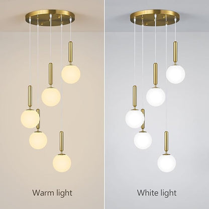 Modern Gold Pendant Light Hanging Fixture Light for Kitchen Island Mid Century with Globe Pendant Light Milk White Glass Pendant Lighting for Living Room Bedroom Entryway (5 Lights)