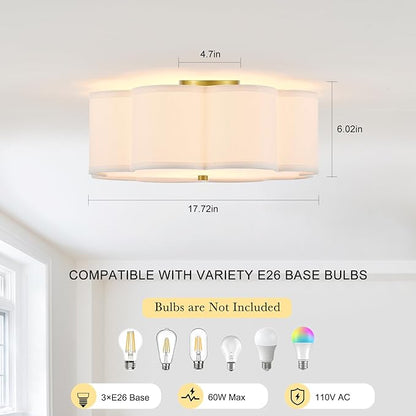 Modern Drum Semi Flush Mount Ceiling Light 17.71" Modern 3-Lights Gold Drum Ceiling Lighting Fixture Vintage Linen Ceiling Lamp for Laundry Room, Kitchen, Basement, Bedroom