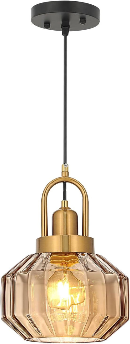 9in Mid Century Modern Amber Glass Pendant Light Fixture Small Gold Globe Kitchen Island Pendant Light with Hand Blown Glass Ceiling Hanging Lamp for Foyer Dining Room Bedroom Entryway
