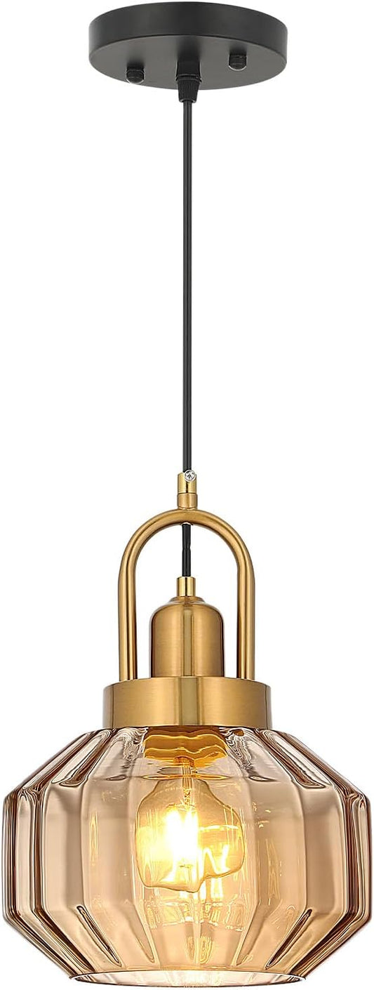 9in Mid Century Modern Amber Glass Pendant Light Fixture Small Gold Globe Kitchen Island Pendant Light with Hand Blown Glass Ceiling Hanging Lamp for Foyer Dining Room Bedroom Entryway