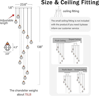 20-Light Chandelier Staircase Chandeliers for High Ceilings Crystal Chandeliers for Living Room Black Pendant Light Fixture Dimmable LED Hanging Light with Remote