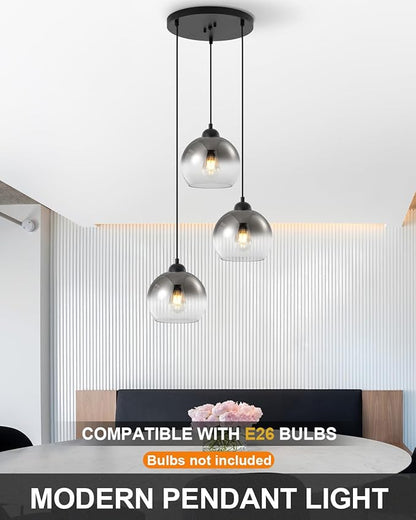 Modern Gradient Smoke Gray Glass Pendant Light,3-Light Globe Adjustable Hanging Pendant Light for Bedroom Kitchen Island Dining Room Stairwell