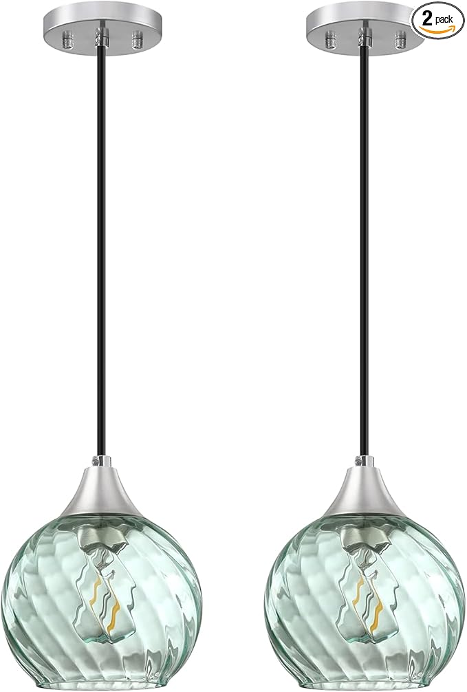 Pendant Lights Kitchen Island,2 Pack Farmhouse Pendant Lights,Green Striped Swirl Globe Glass Pendant Light Fixtures,Mini Island Lights For Kitchen,Modern Hanging Light Fixture With Adjustable Height