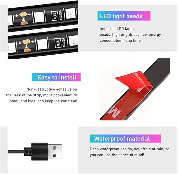 Ohleats Car LED Strip Light, 24 LED RGB Auto Interior Atmosphere Lights, USB Vehicle Under Dash Ambient Night Light Strip, Interior Decorative Lamp Lighting Kit Car Accessories (White)
