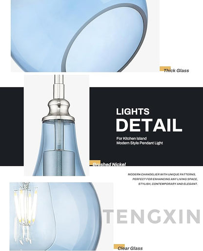 TENGXIN 8 Inch Hanging Pendant Light, Kitchen Island Pendant, Blue Glass, Farmhouse Style, Dining Room, Bedroom