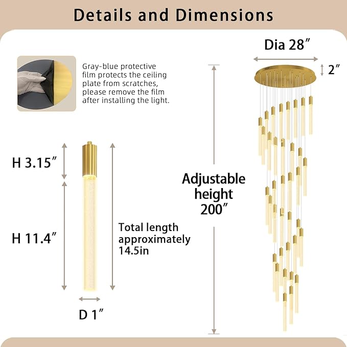 Extra Long Crystal Chandelier for High Ceiling, 36-Light Gold Crystal Column Chandeliers, Modern Dimmable LED Light Fixtures for Foyer, Staircase, Hotel Lobby
