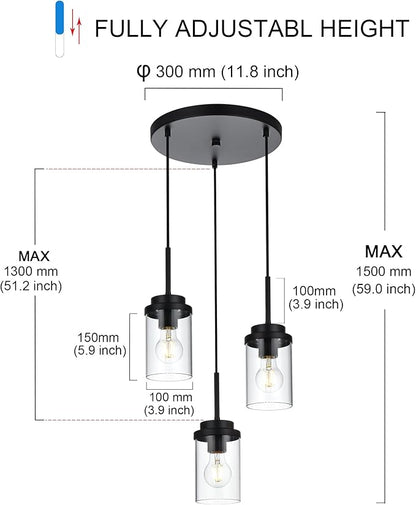 MELUCEE 3-Light Farmhouse Black Pendant Lights Kitchen Island, Modern Light Fixtures Ceiling Hanging with Clear Glass Shade Cluster Pendant Lighting for Dining Room Kitchen Hallway Stair
