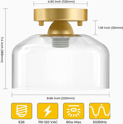 Semi Flush Mount Ceiling Light Brushed Gold - Clear Glass Pendant Lamp Shade, Modern Farmhouse Light Fixture for Hallway Corridor Kitchen Entryway Bedroom, Bulb Not Included