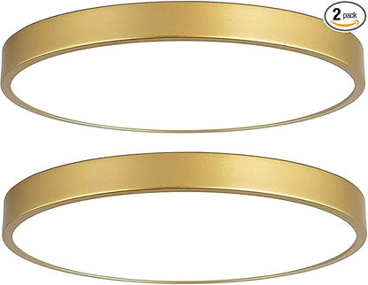 2 Pack Gold Flush Mount Ceiling Light, 12 Inch Metal Modern Round Gold Light Fixtures - 3 Colors, 3000K-5000K LED, 20W Low Profile Ceiling Lighting for Bedroom, Living Room, Hallway