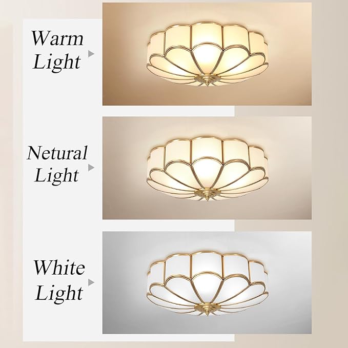MIXL-Mid Century Brass Flush Mount Ceiling Light,14 Inch Bedroom Light Fixture,Vintage Style Ceiling Lamp for Living Room and Entyrway