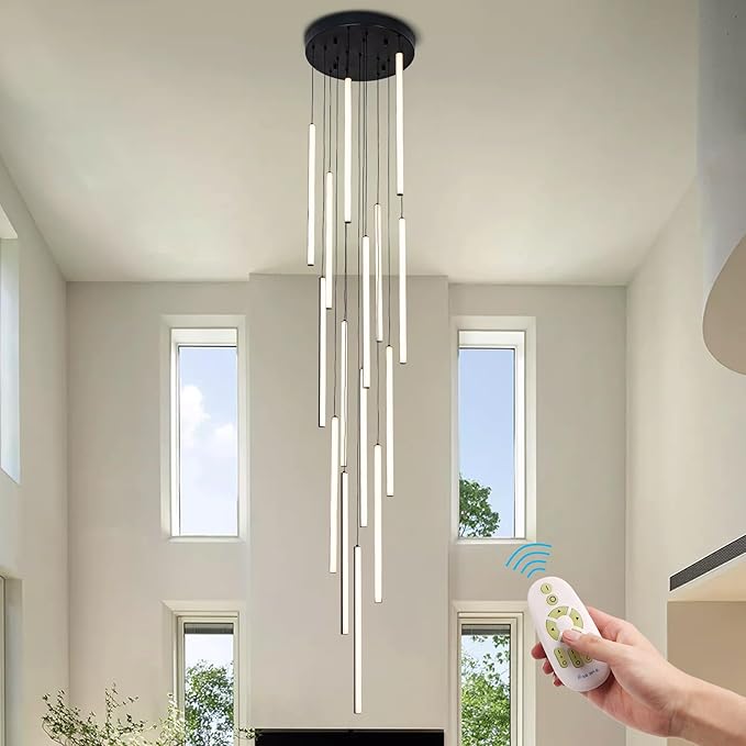 HuisMier Modern LED Staircase Chandelier, 15 Lights Long Foyer Chandeliers Black Linear Pendant Light with Remote, Dimmable High Ceiling Chandelier for Stairs Living Room Entrance, 3000K-6000K