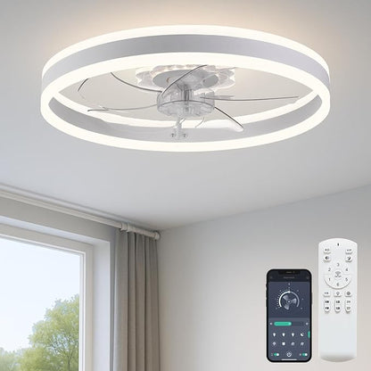 Fszdorj Ceiling Fan with Light, Upgraded 20‘’ Low Profile Fan, Flush Mount Ceiling Fan, 6 Speeds, Dimmable LED, App & Remote Control, Quiet DC Motor, For Bedroom, Living Room, F105 White