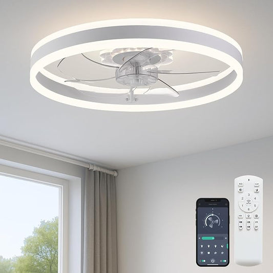 Fszdorj Ceiling Fan with Light, Upgraded 20‘’ Low Profile Fan, Flush Mount Ceiling Fan, 6 Speeds, Dimmable LED, App & Remote Control, Quiet DC Motor, For Bedroom, Living Room, F105 White
