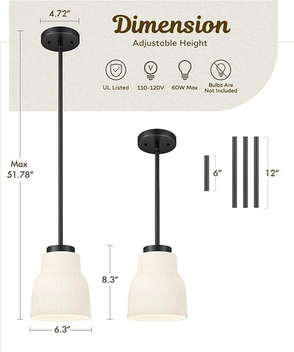 FEMILA 3 Pack Pendant Light for Kitchen Island, 6.7" Milk Glass Pendant Light Vintage Light Fixtures for Bedroom Hotel Dining Room, 4FYD87MIL-3PK BK