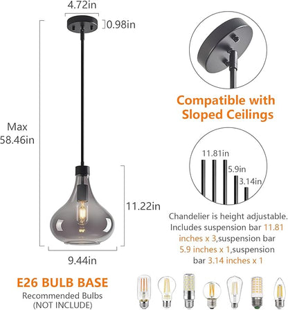 Modern Glass Pendant Light 9.44 in Smoke Gray Glass Shade Black Farmhouse Island Pendant Lights for Kitchen Pendant Lighting Over Sink Bedroom Dining Room