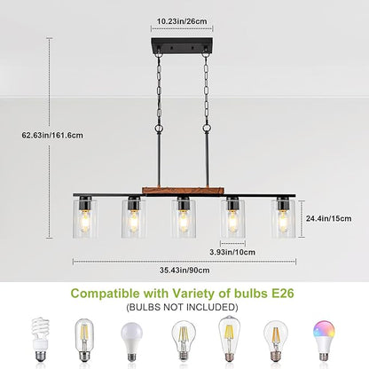 WILON Kitchen Island Lighting, 5 Lights Black Linear Chandeliers Modern Farmhouse Chandelier with Glass Shades for Kitchen Island Living Dining Room Foyer Bedroom(Black,5 Lights)